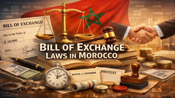 صورة قانونية عن الكمبيالة في المغرب تتضمن العلم المغربي وميزان العدالة ومطرقة القاضي ووثيقة تجارية وأموال مع عنوان إنجليزي في الوسط.