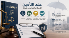 صورة إنفوغرافيك حول عقد التأمين في القانون المغربي، تتضمن مدونة التأمينات ووثيقة التأمين ورموز الحماية القانونية وبياناً لأهم أحكام عقد التأمين وإثباته.