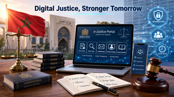 مشهد رقمي حديث عن العدالة في المغرب يضم حاسوبا يعرض بوابة عدلية إلكترونية، وهاتفا ذكيا، وميزان العدالة، ومطرقة القاضي، مع العلم المغربي في الخلفية.