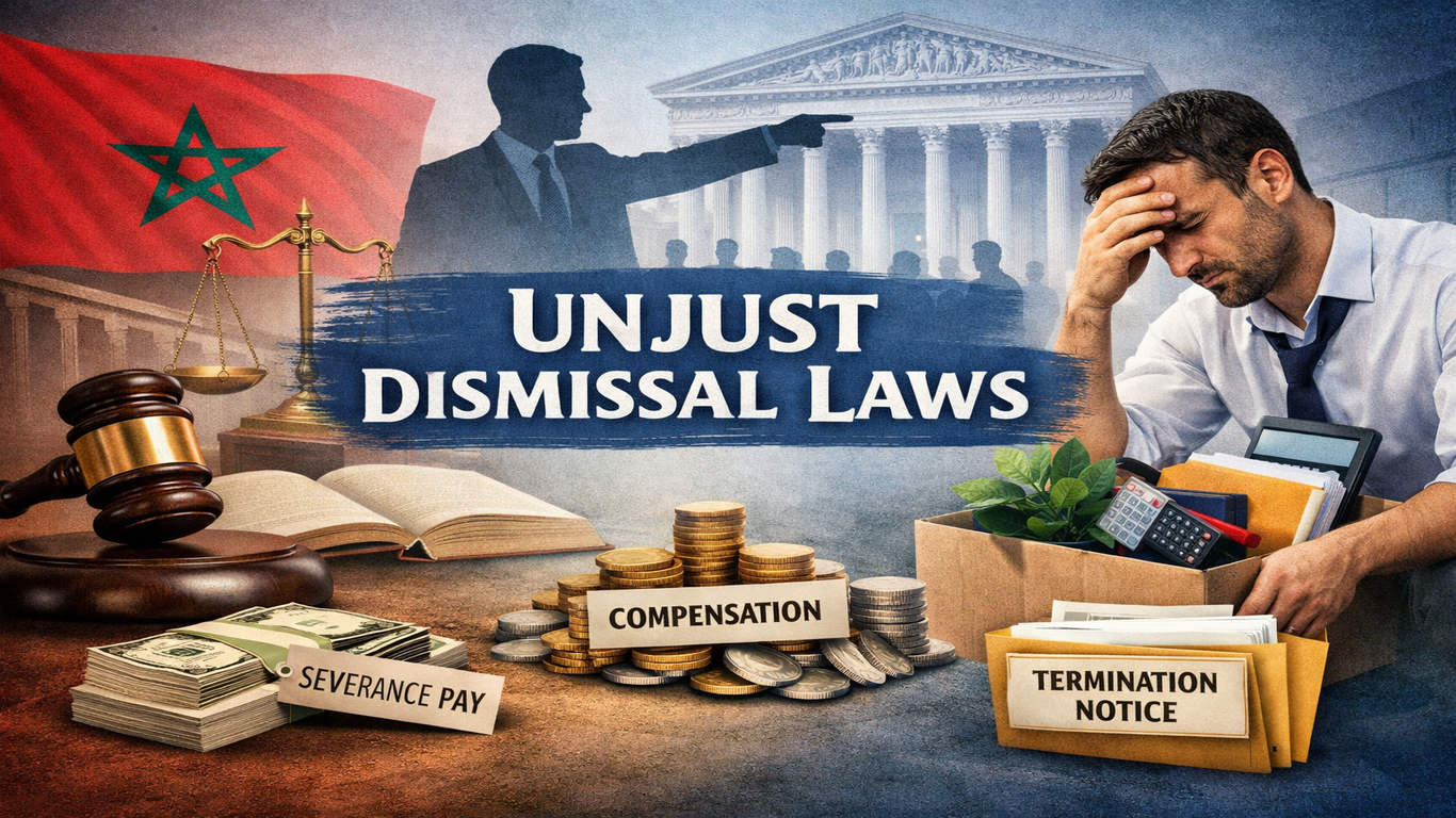 صورة تعبيرية عن الفصل التعسفي في القانون المغربي، تتضمن عاملًا متضررًا، ورموز العدالة، والعلم المغربي، وعنوانًا بالإنجليزية في وسط الصورة.