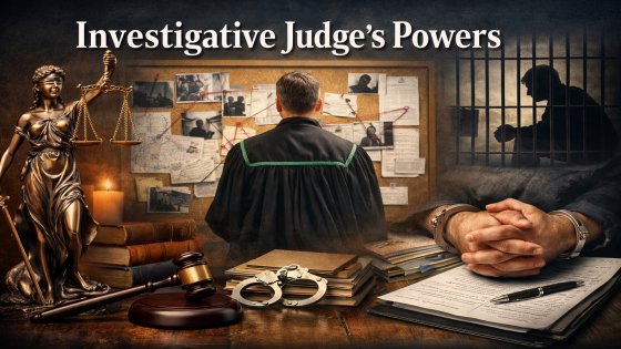 صورة رمزية عن سلطات قاضي التحقيق تتضمن قاضياً أمام لوحة تحقيق، وتمثال العدالة، ومطرقة قضائية، وأغلالاً، وسجيناً خلف القضبان، مع عنوان بالإنجليزية في أعلى الصورة.