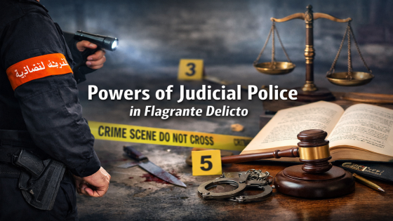 شرطي من الشرطة القضائية يقف في مسرح جريمة بجانب أدلة جنائية ورموز العدالة، مع عنوان إنجليزي عن صلاحيات الشرطة القضائية في حالة التلبس.