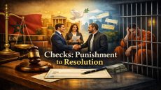 صورة رمزية عن جرائم الشيك تُظهر انتقال المعالجة القانونية من السجن والعقوبة إلى الصلح والتسوية، مع رموز القضاء والشيكات والعلم المغربي.