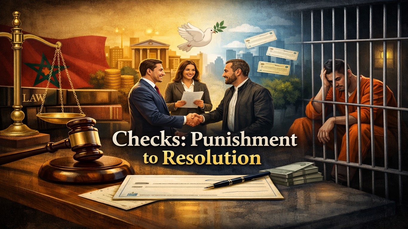 صورة رمزية عن جرائم الشيك تُظهر انتقال المعالجة القانونية من السجن والعقوبة إلى الصلح والتسوية، مع رموز القضاء والشيكات والعلم المغربي.
