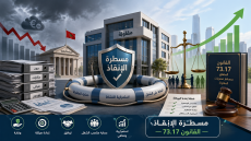صورة توضيحية تجسد مسطرة الإنقاذ في القانون المغربي، حيث تظهر مقاولة محاطة بدرع حماية وطوق نجاة، مع رموز للصعوبات المالية من جهة، وعناصر التعافي وإعادة الهيكلة القانونية من جهة أخرى، في إشارة إلى حماية المقاولة واستمرارية نشاطها وفق القانون 73.17.
