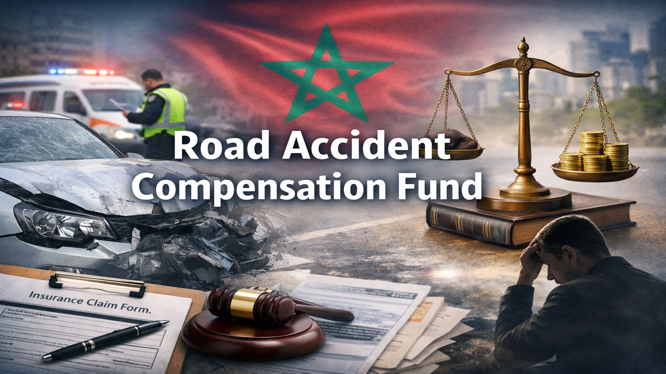 صورة توضيحية عن صندوق ضمان حوادث السير في المغرب تضم سيارة محطمة وميزان العدالة ووثائق قانونية وعنوان بالإنجليزية.