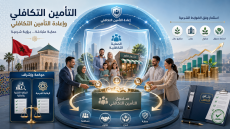 صورة توضيحية عن التأمين التكافلي في المغرب تُظهر صندوق التأمين التكافلي محاطاً بالمشتركين ودرعاً رمزياً للحماية، مع إشارات إلى الرقابة الشرعية والمالية والاستثمار الحلال.