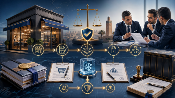 صورة قانونية تجارية تُظهر أصلاً تجارياً وعقود تفويت ورهن مع ميزان العدالة ورجال أعمال ووثائق رسمية، في تجسيد بصري لحماية الدائنين في القانون المغربي.