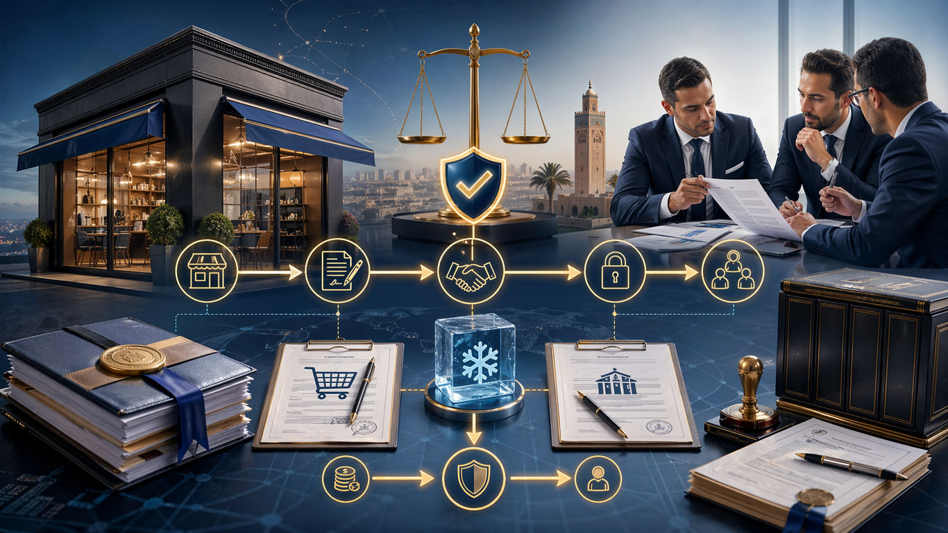 صورة قانونية تجارية تُظهر أصلاً تجارياً وعقود تفويت ورهن مع ميزان العدالة ورجال أعمال ووثائق رسمية، في تجسيد بصري لحماية الدائنين في القانون المغربي.