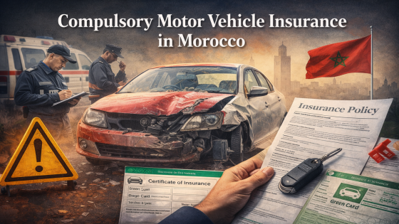 صورة رمزية عن التأمين الإجباري على العربات ذات محرك في المغرب، تتضمن سيارة متضررة بعد حادثة سير، وشرطيين، وسيارة إسعاف، ووثائق تأمين، والعلم المغربي، مع عنوان إنجليزي أعلى الصورة.