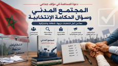 صورة تعبيرية عن المجتمع المدني والحكامة الانتخابية بالمغرب، تضم صندوق اقتراع وراية المغرب وأيادي متعاونة وكتابا أكاديميا حول الانتخابات النزيهة والمشاركة المواطنة.