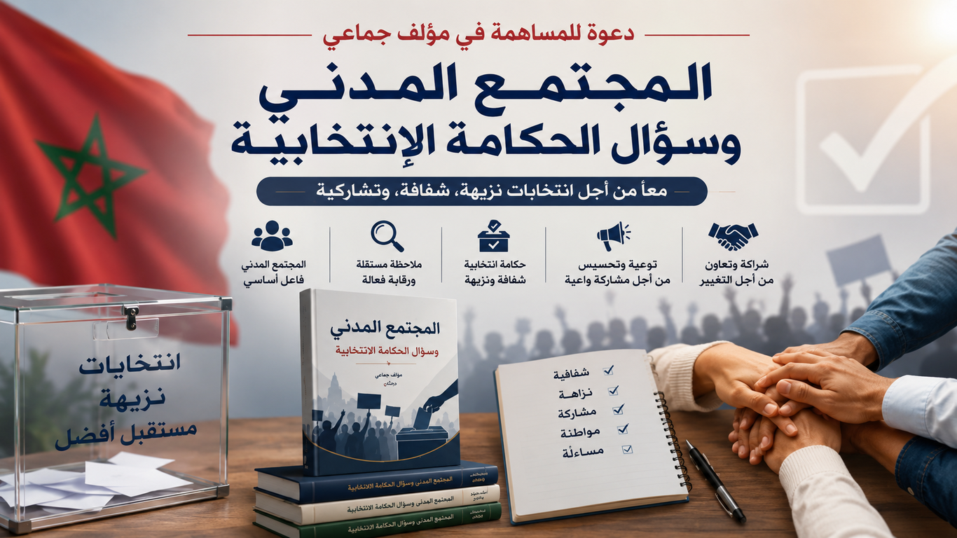صورة تعبيرية عن المجتمع المدني والحكامة الانتخابية بالمغرب، تضم صندوق اقتراع وراية المغرب وأيادي متعاونة وكتابا أكاديميا حول الانتخابات النزيهة والمشاركة المواطنة.
