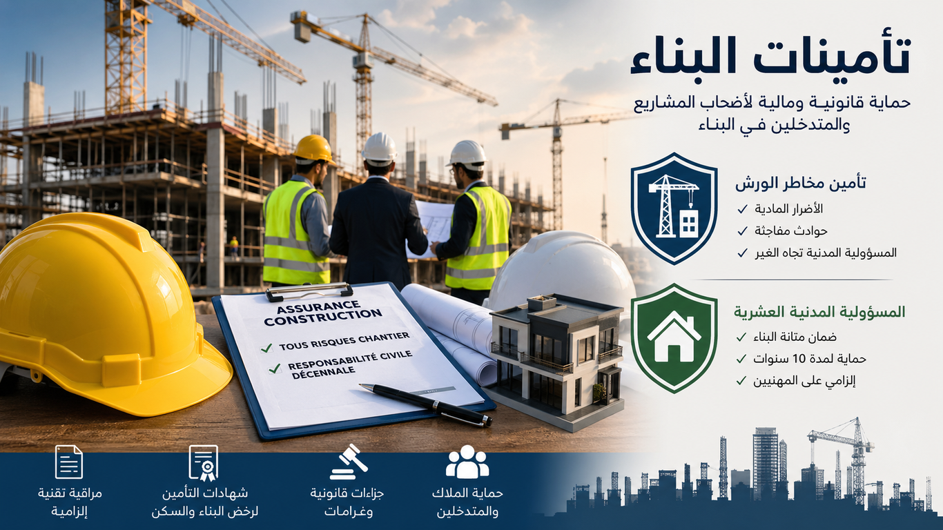صورة توضيحية حول تأمينات البناء في المغرب، تظهر ورش بناء مع مهندسين وخوذات ومخططات ووثائق تأمين، مع إبراز تأمين مخاطر الورش والمسؤولية المدنية العشرية.