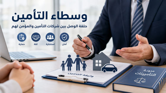 وسيط تأمين يشرح وثيقة تأمين لعميل داخل مكتب، مع رموز للحماية والثقة والاستشارة وتمثيل لتأمين الأسرة والمنزل والسيارة.