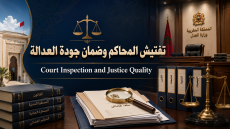 صورة تعبيرية عن تفتيش المحاكم وضمان جودة العدالة، تظهر فيها ملفات قضائية وميزان العدالة وعدسة تفتيش داخل فضاء قضائي مغربي رسمي.