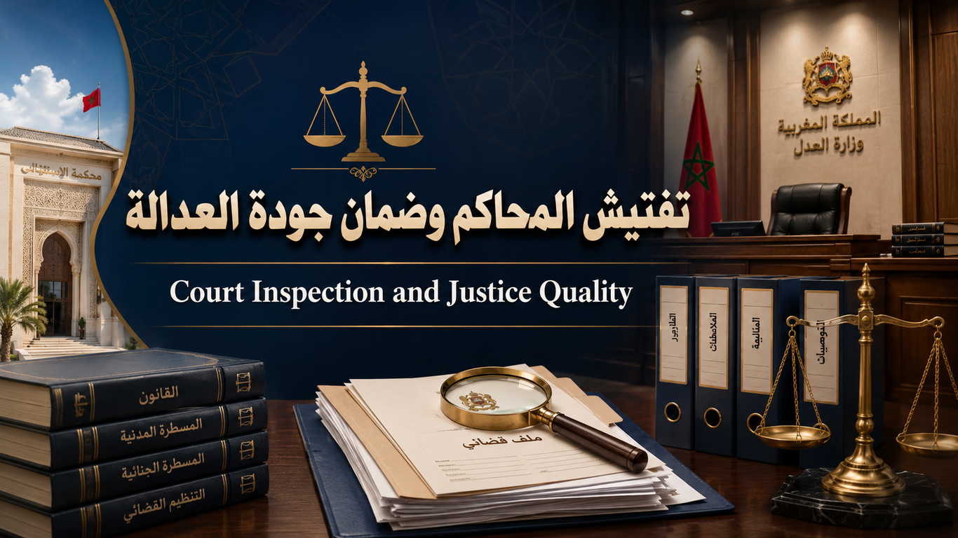 صورة تعبيرية عن تفتيش المحاكم وضمان جودة العدالة، تظهر فيها ملفات قضائية وميزان العدالة وعدسة تفتيش داخل فضاء قضائي مغربي رسمي.