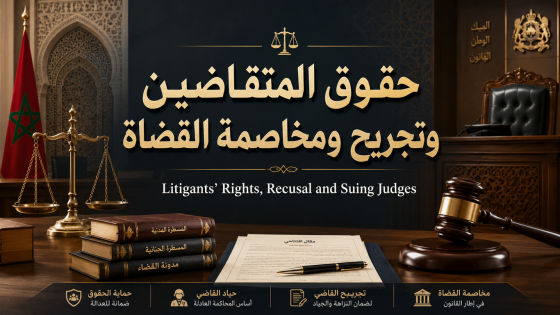 صورة تعبيرية حول حقوق المتقاضين وتجريح ومخاصمة القضاة داخل فضاء قضائي يضم ميزان العدالة ومطرقة القاضي وكتب القانون.