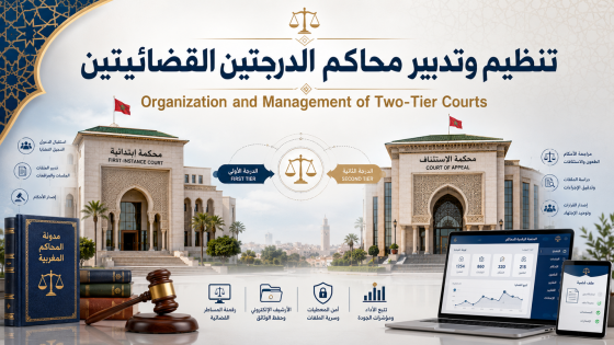صورة توضيحية حول تنظيم وتدبير محاكم الدرجتين القضائيتين بالمغرب، تضم محكمة ابتدائية ومحكمة استئناف ورموز العدالة والرقمنة القضائية.