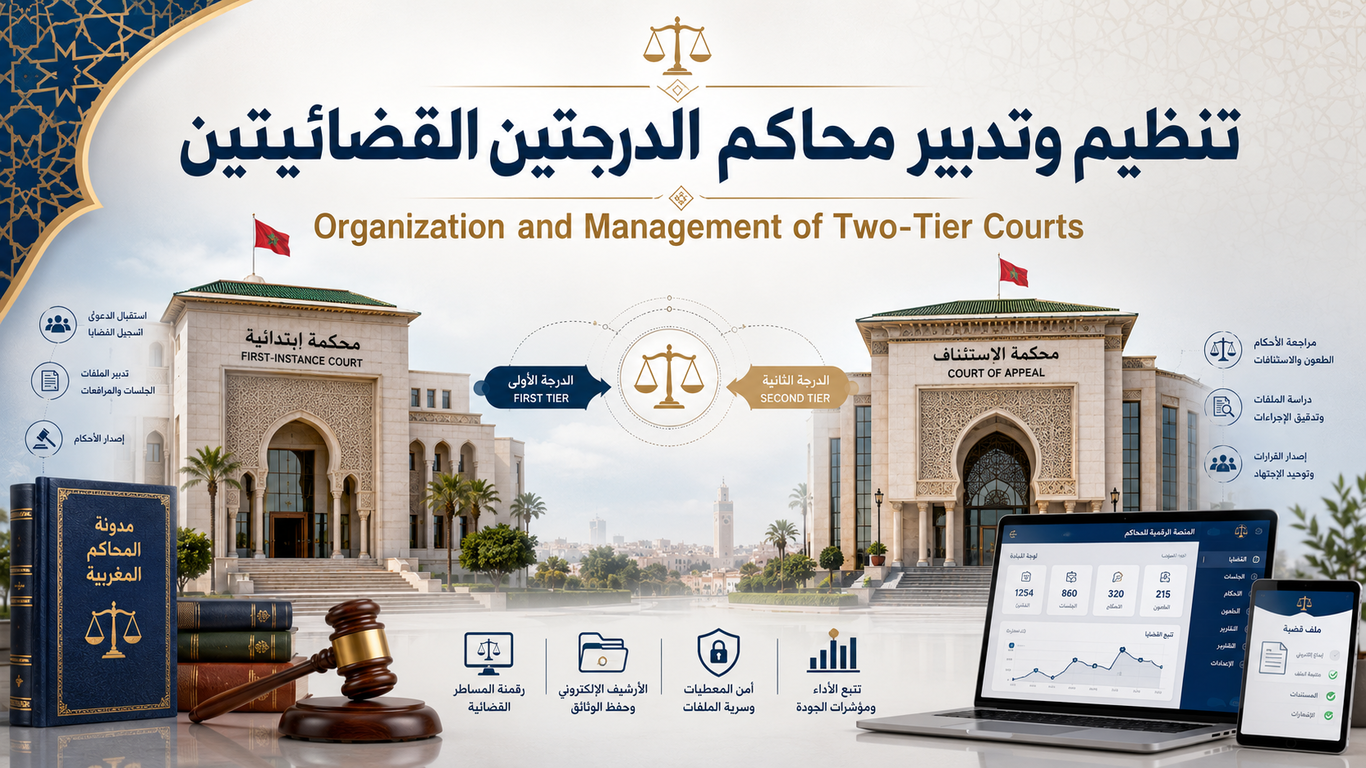 صورة توضيحية حول تنظيم وتدبير محاكم الدرجتين القضائيتين بالمغرب، تضم محكمة ابتدائية ومحكمة استئناف ورموز العدالة والرقمنة القضائية.