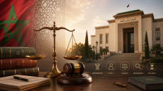 ميزان العدالة والمطرقة القانونية أمام مبنى قضائي مغربي في صورة تعكس مبادئ التنظيم القضائي واستقلال السلطة القضائية وحقوق المتقاضين.