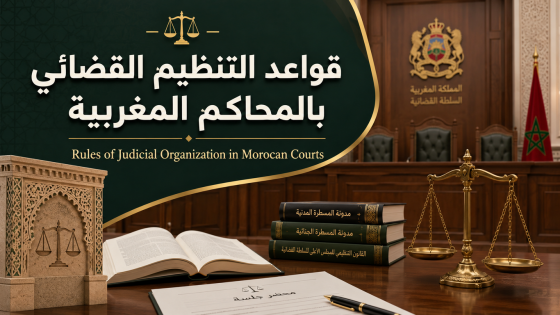 صورة تعبيرية عن قواعد التنظيم القضائي بالمحاكم المغربية تضم ميزان العدالة وكتب قانونية وقاعة محكمة مع عنوان عربي وإنجليزي حول التنظيم القضائي.