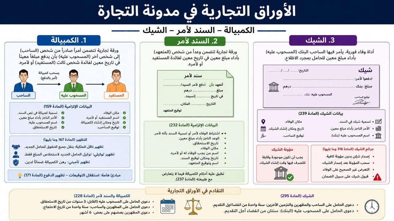 فيديو:شرح الأوراق التجارية في القانون المغربي: الكمبيالة والسند لأمر والشيك
