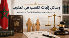 وسائل إثبات النسب في المغرب وفق مدونة الأسرة، صورة تضم العلم المغربي والأسرة وميزان العدالة ومطرقة القاضي وكتاب مدونة الأسرة