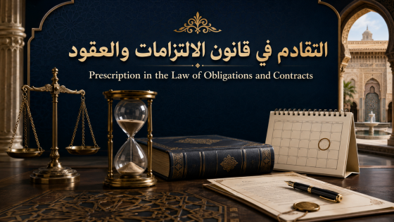 التقادم في قانون الالتزامات والعقود المغربي مع ميزان العدالة والساعة الرملية وكتاب قانوني وتقويم يرمز إلى آجال التقادم.