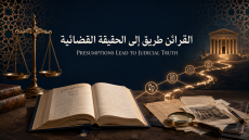 ميزان عدالة وكتاب قانون مفتوح وأدلة تقود عبر مسار مضيء إلى المحكمة، بعنوان «القرائن طريق إلى الحقيقة القضائية».