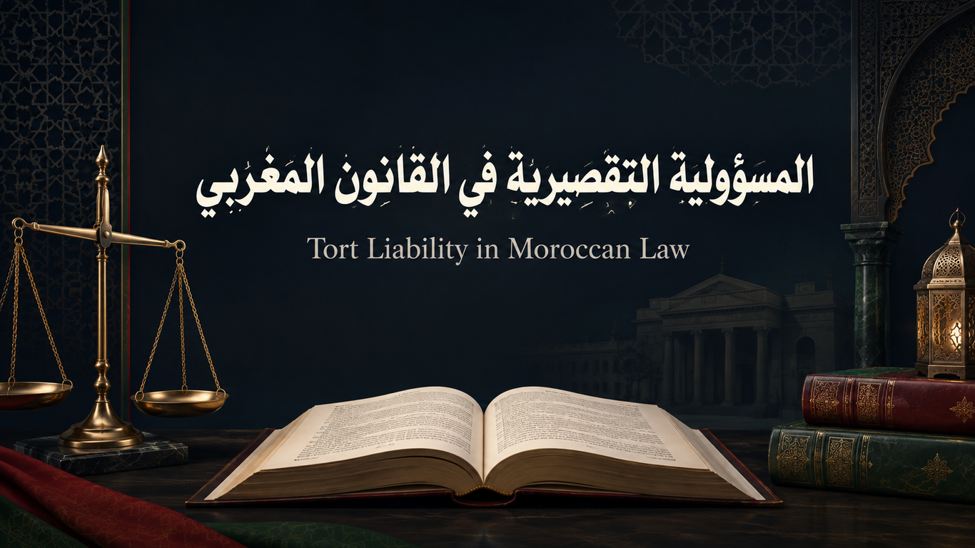 ميزان العدالة وكتاب قانون مفتوح أمام محكمة، مع عنوان المسؤولية التقصيرية في القانون المغربي