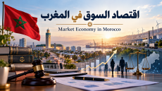 اقتصاد السوق في المغرب بين حرية المبادرة والمنافسة والتنظيم القانوني، مع رموز العدالة والاستثمار والنمو الاقتصادي والعلم المغربي