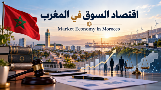 اقتصاد السوق في المغرب بين حرية المبادرة والمنافسة والتنظيم القانوني، مع رموز العدالة والاستثمار والنمو الاقتصادي والعلم المغربي