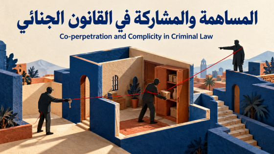 رسم توضيحي لمنفذ جريمة ومساعد يحمل مفتاحًا ومحرض يشير من بعيد، تربطهم خيوط حمراء، بعنوان «المساهمة والمشاركة في القانون الجنائي».