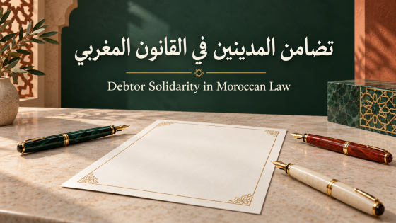 ورقة عقد تحيط بها ثلاثة أقلام، وفوقها عنوان «تضامن المدينين في القانون المغربي» وترجمته الإنجليزية: Debtor Solidarity in Moroccan Law.