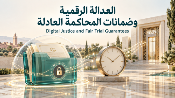 حافظة ملفات زجاجية خضراء محمية بقفل، بجوار ساعة ومدخل بناية، يعلوها عنوان «العدالة الرقمية وضمانات المحاكمة العادلة» بالعربية والإنجليزية