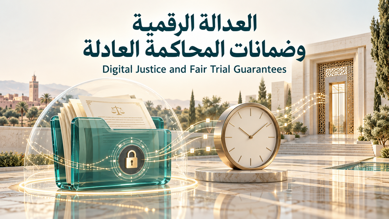 حافظة ملفات زجاجية خضراء محمية بقفل، بجوار ساعة ومدخل بناية، يعلوها عنوان «العدالة الرقمية وضمانات المحاكمة العادلة» بالعربية والإنجليزية