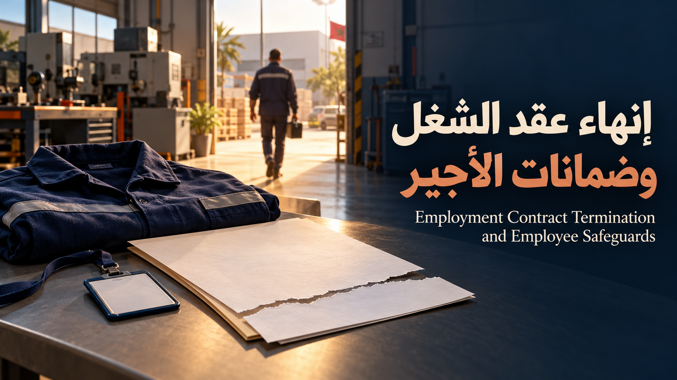 أجير يغادر مقر العمل بجوار عقد ممزق ولباس مهني، مع عنوان «إنهاء عقد الشغل وضمانات الأجير» بالعربية والإنجليزية.