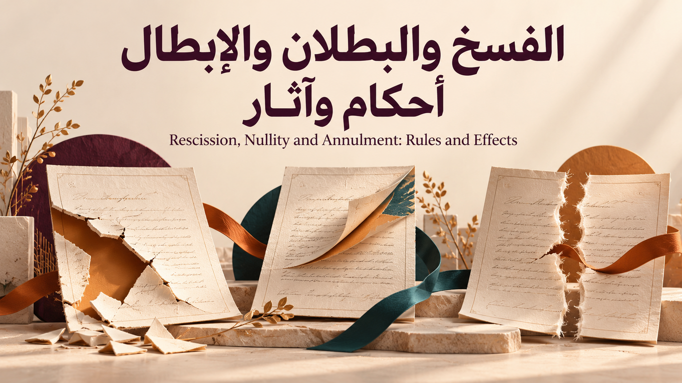 ثلاث وثائق تعاقدية ممزقة ومطوية، تعلوها عبارة «الفسخ والبطلان والإبطال: أحكام وآثار» وترجمتها الإنجليزية.